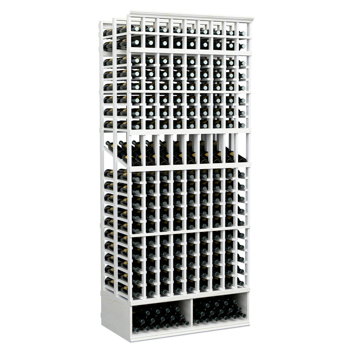 9-column double-deep wine display rack, white-painted frame with bottle slots