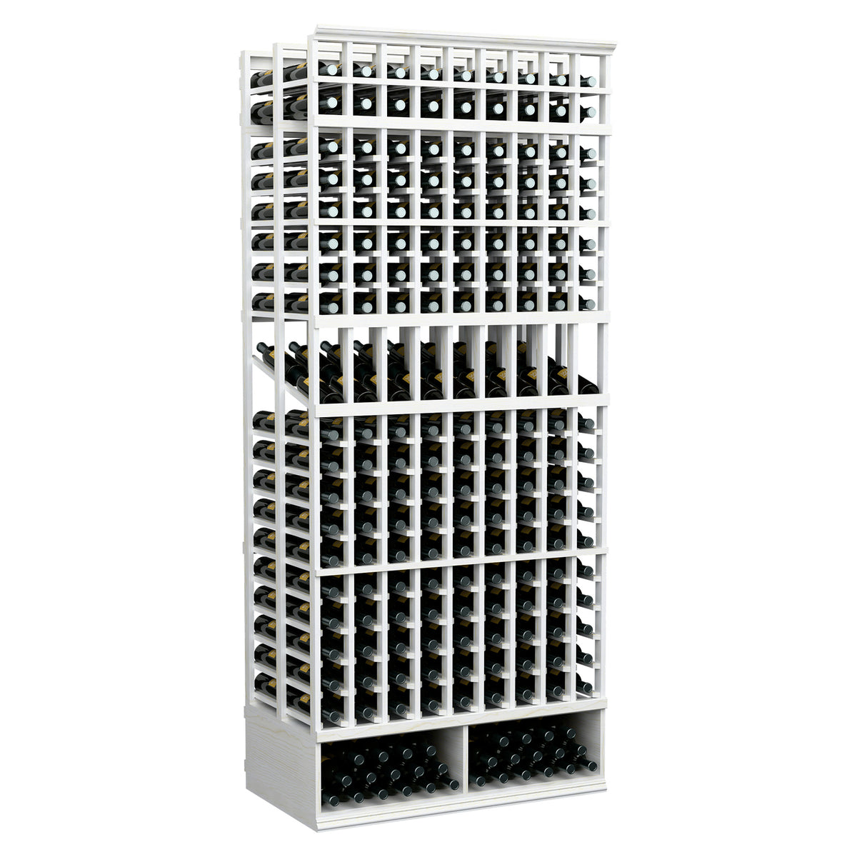 9-column double-deep wine display rack, white frame with front bottle grid
