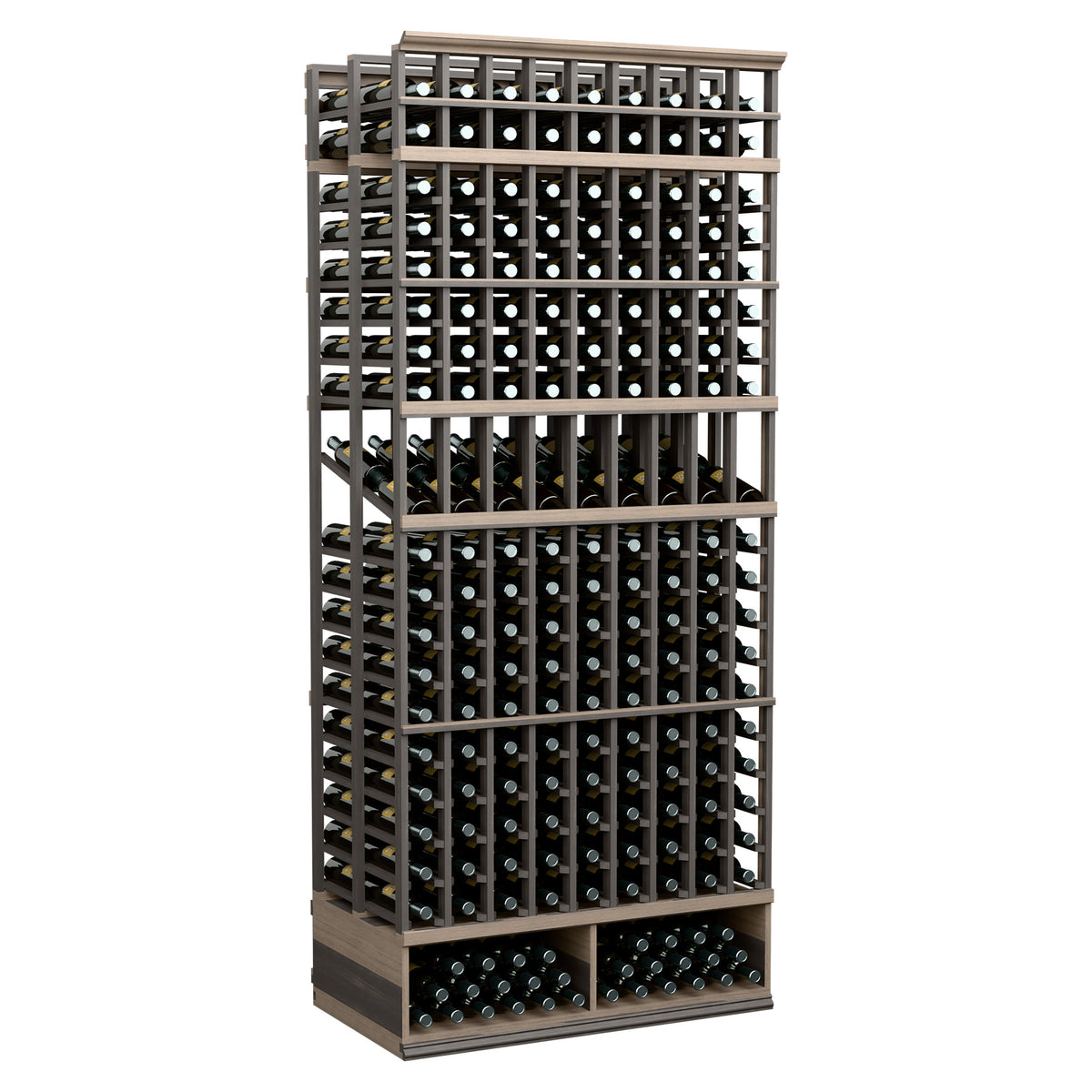 Dark-stained 9-column double-deep wine display rack with bottle slots and base row