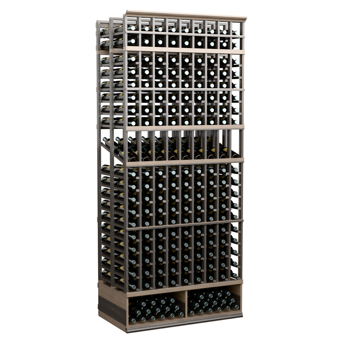 Dark-stained 9-column double-deep wine display rack with front bottle compartments