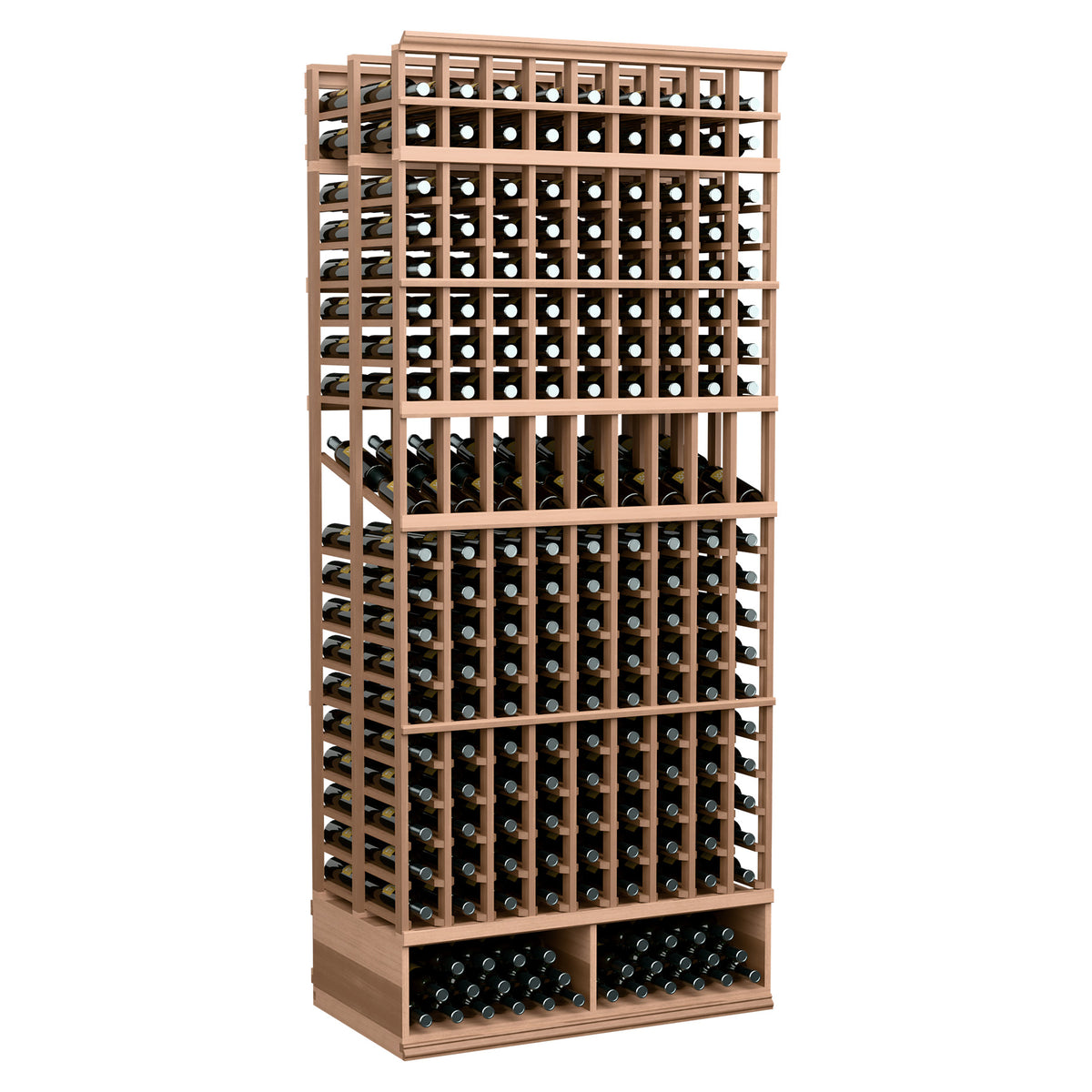 Light tan 9-column double-deep wine display rack with front bottle slots and base