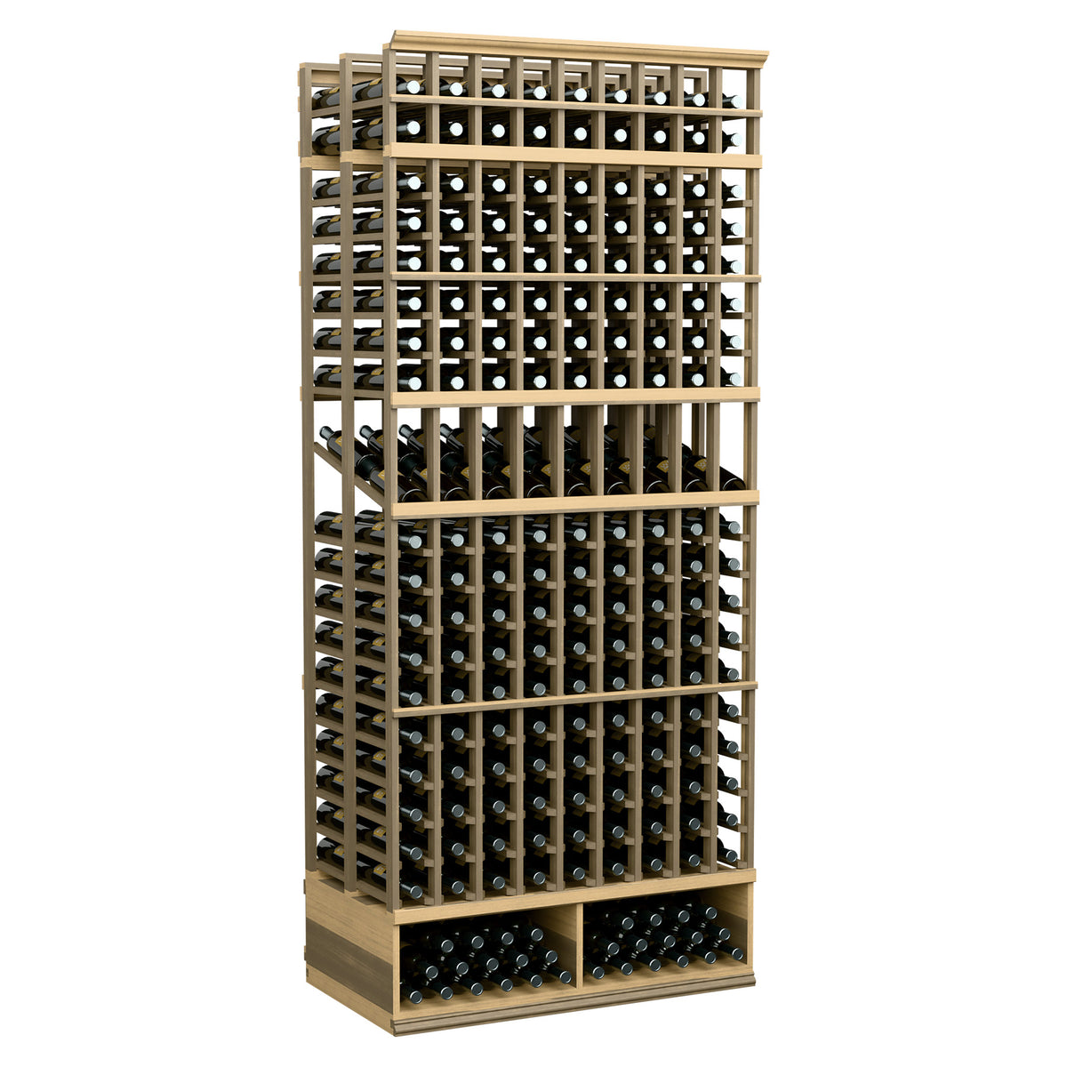 Light wood 9-column double-deep wine display rack with metal grid and bottle slots