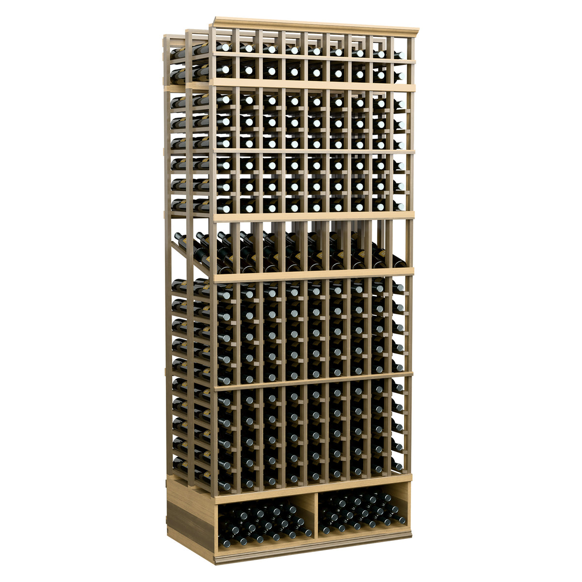 Natural-colored 9-column double-deep wine display rack with front bottle compartments