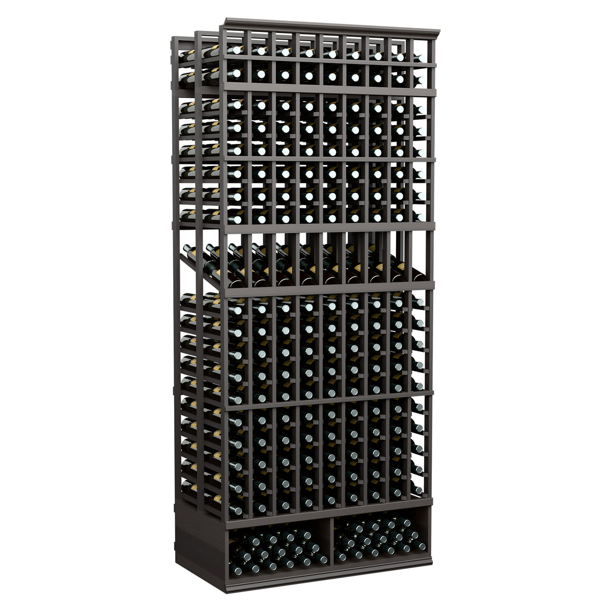 Dark-stained 9-column double-deep wine display rack with bottle slots on metal grid
