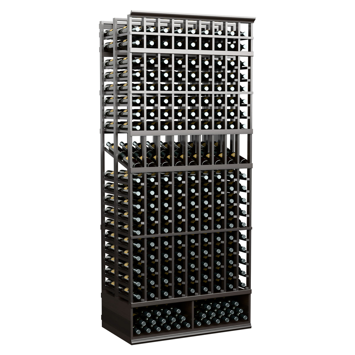 Dark-stained 9-column double-deep wine display rack with front rows of bottle openings