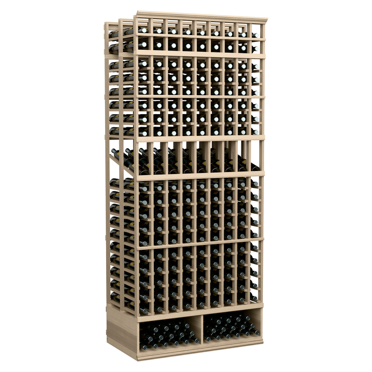 Double-deep wine display rack, 9 columns, natural light wood frame with bottle slots