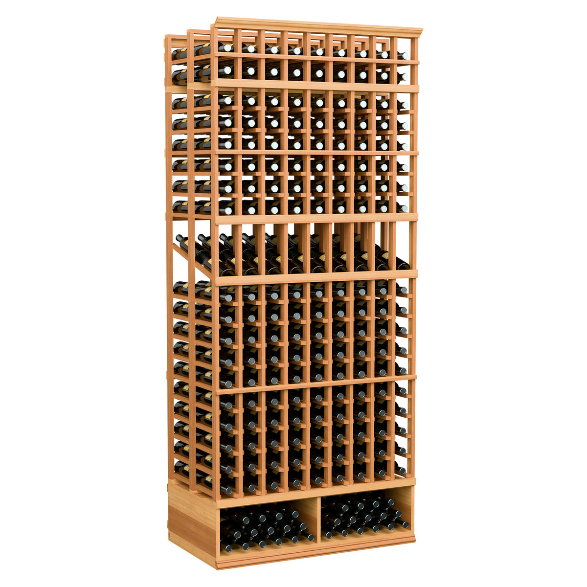 Double-deep wine display rack, 9 columns, warm wood frame with bottle slots