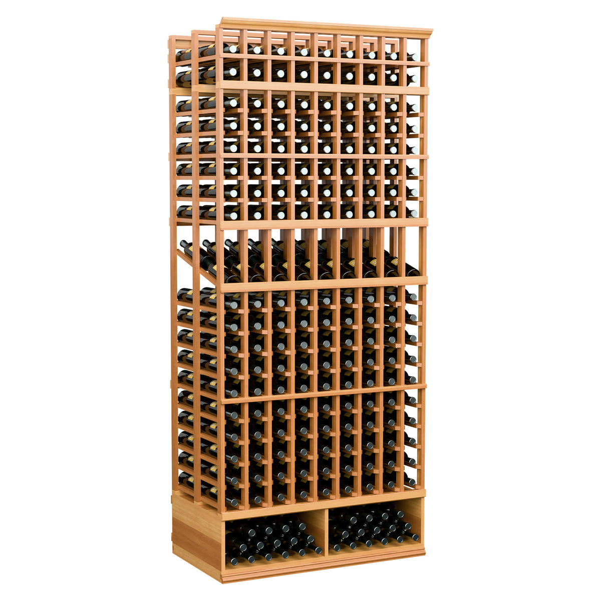 Double-deep wine display rack, 9 columns, honey-toned wood frame with bottle slots