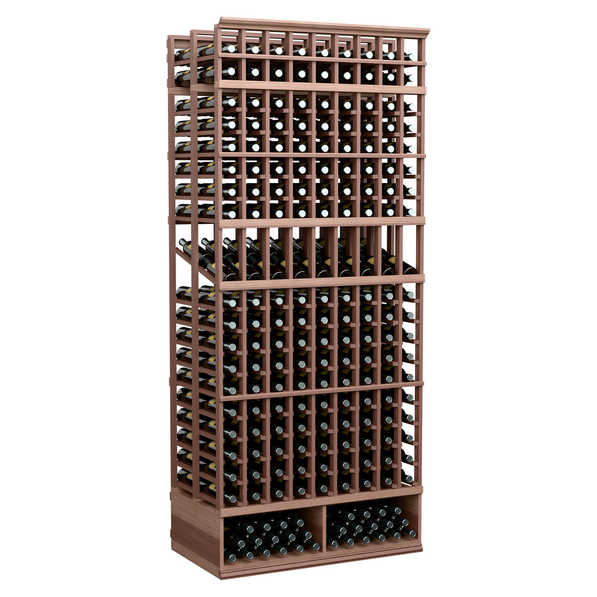 Double-deep wine display rack, 9 columns, dark reddish-brown wood frame with bottle slots