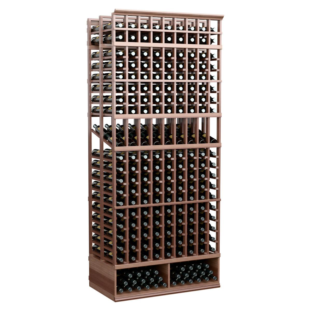 Double-deep wine display rack, 9 columns, walnut-brown wood frame with bottle slots