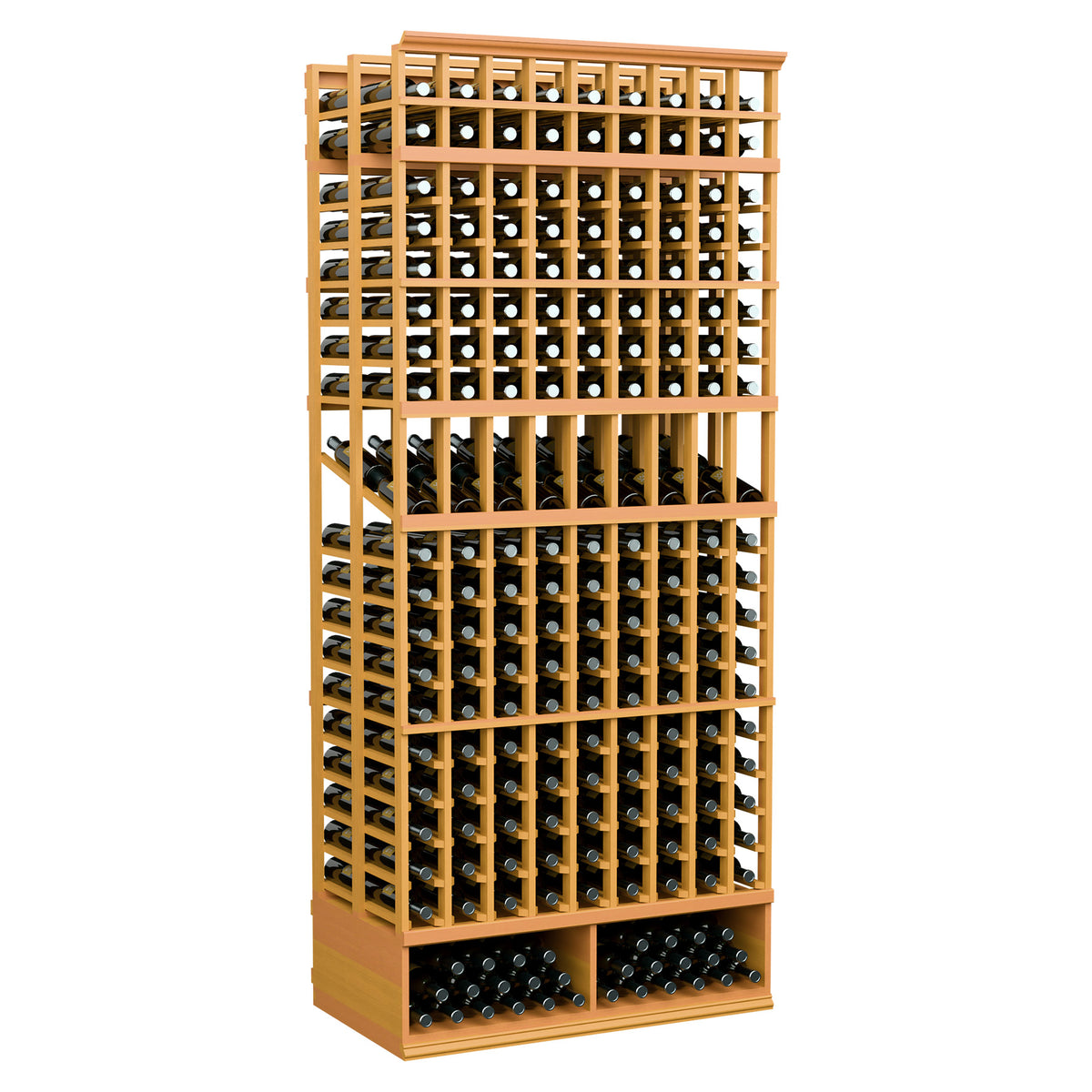 Double-deep wine display rack, 9 columns, pale golden wood frame with bottle slots