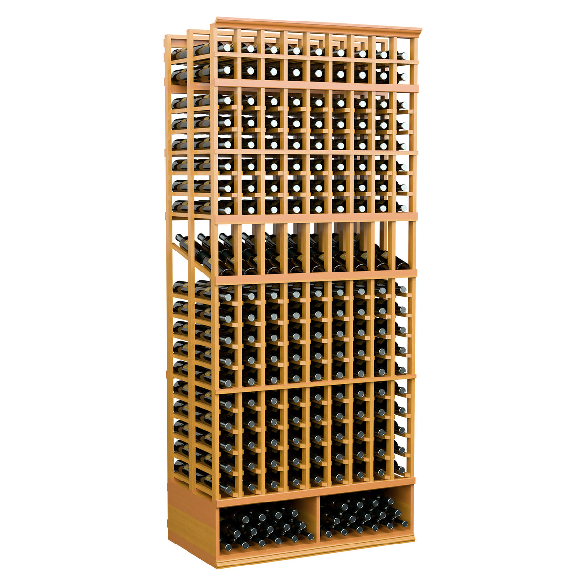 Double-deep wine display rack, 9 columns, light wheat-toned wood frame with bottle slots