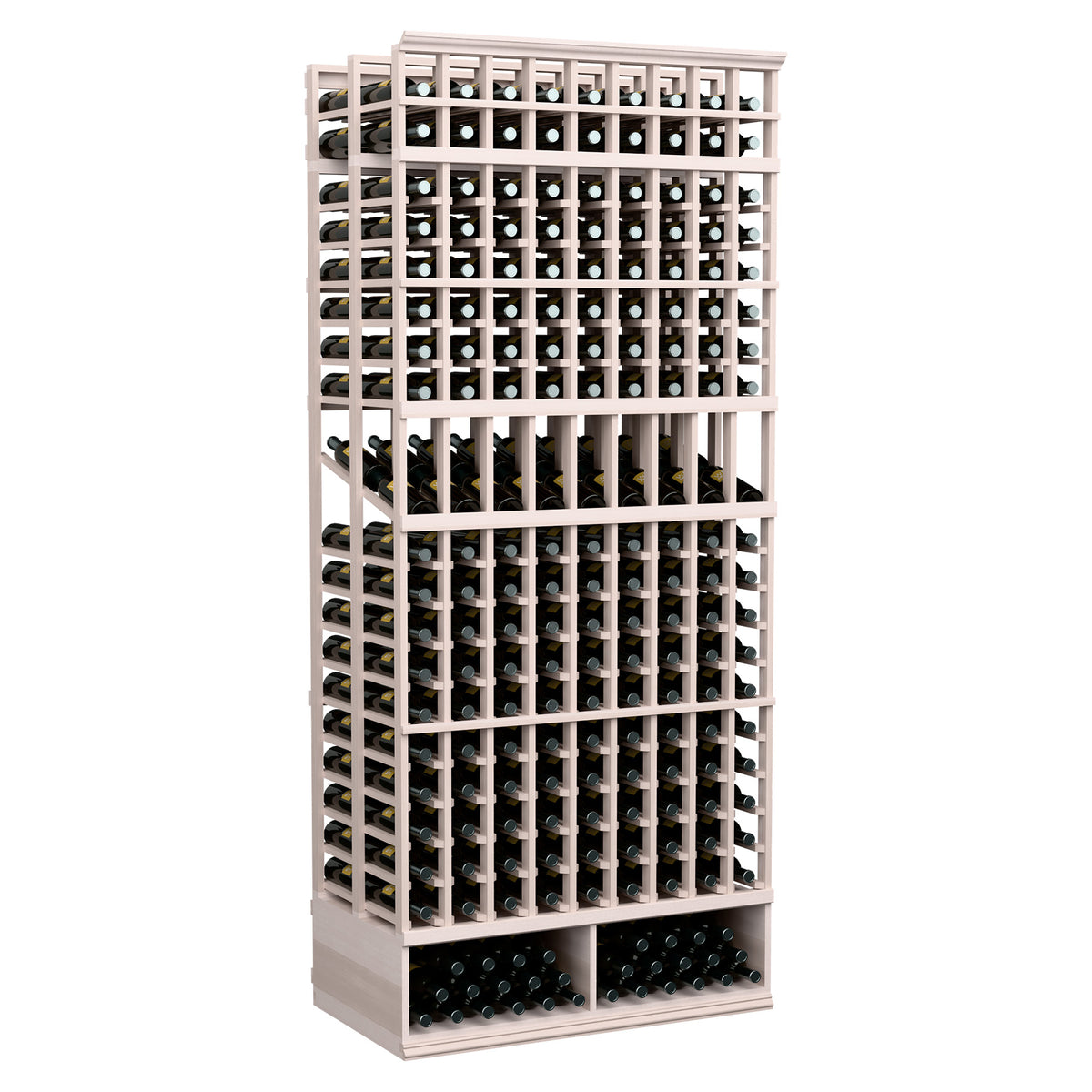 Double-deep wine display rack, 9 columns, gray wood frame with bottle slots