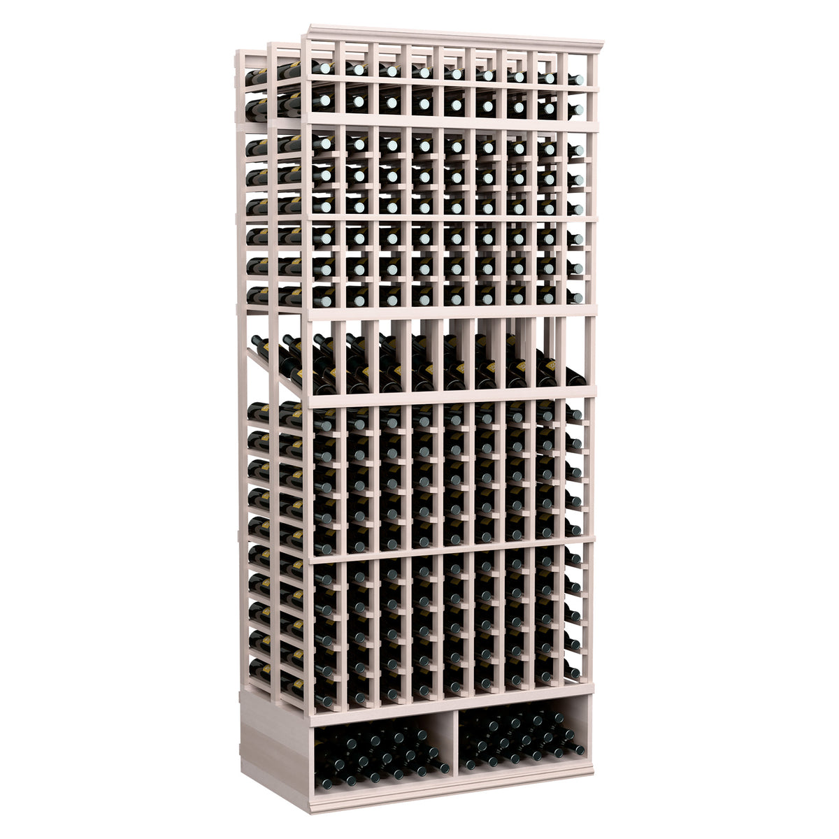 Double-deep wine display rack, 9 columns, light gray wood frame with bottle slots