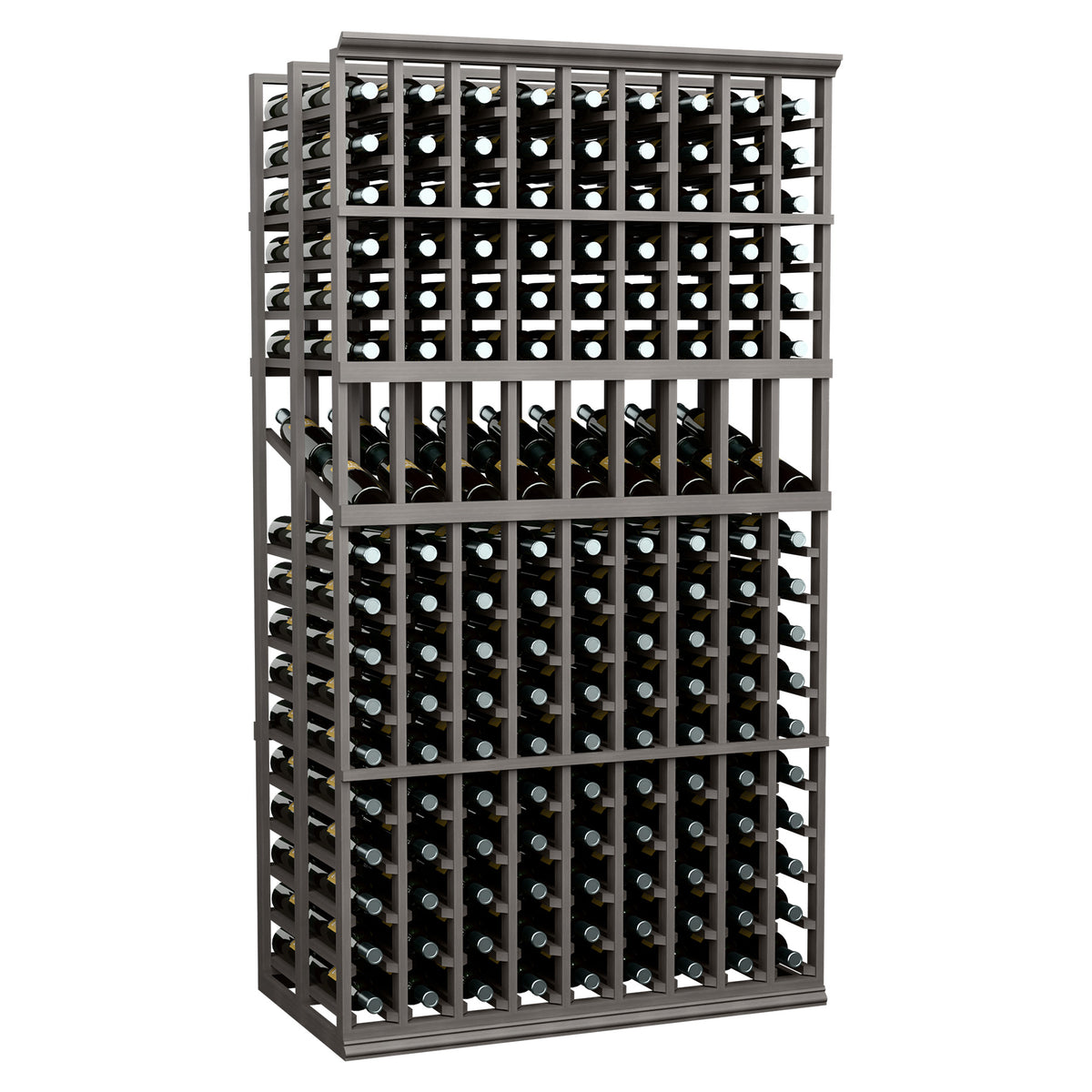 9-column double deep wine display rack with dark gray frame and bottle slots