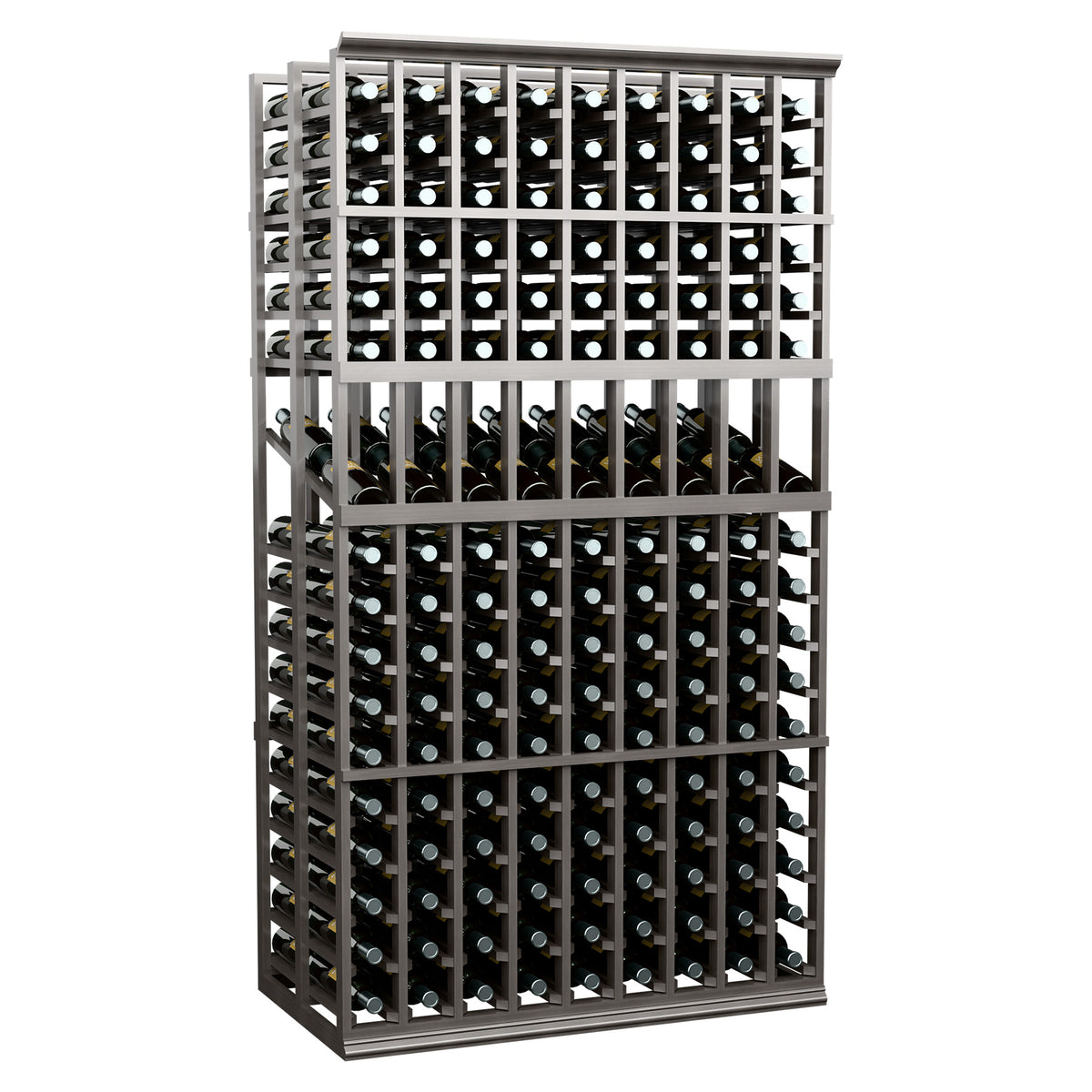 Full view 9-column double deep wine display rack with dark gray bottle storage