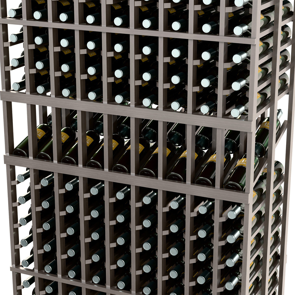 Dark gray wine rack close-up with rows of bottle slots and wooden dividers