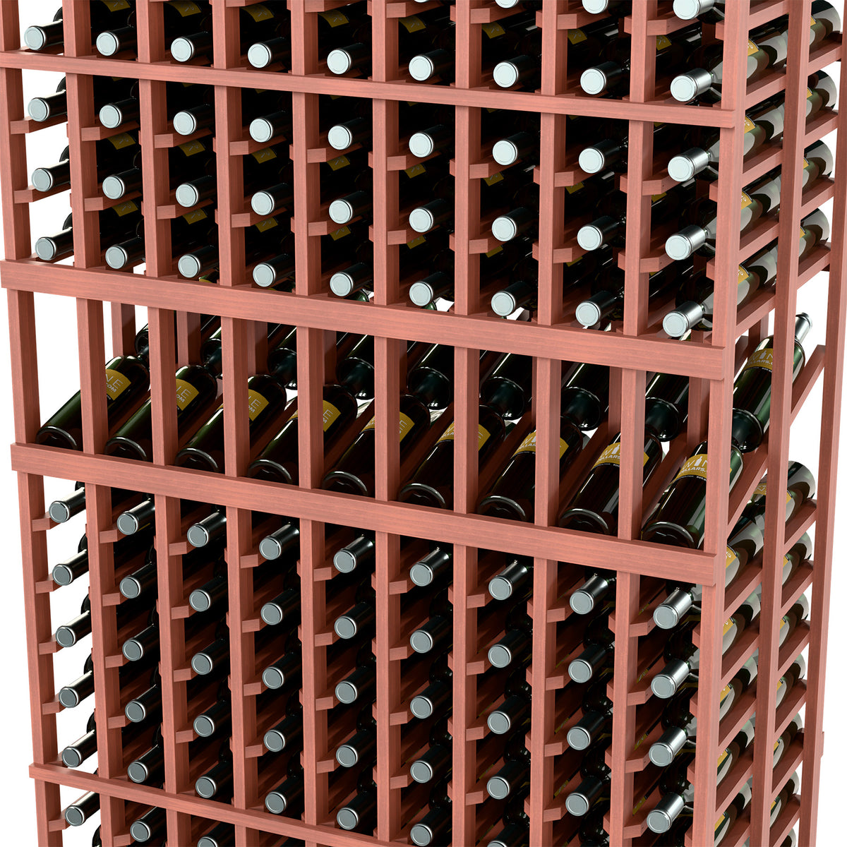 Reddish-brown wine rack close-up showing bottle openings and wooden grid rows