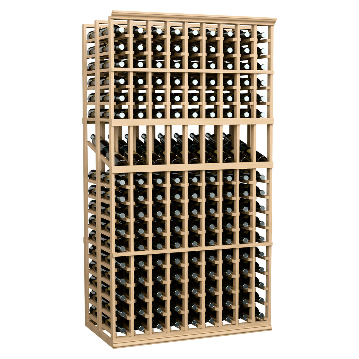 9-column double deep wine display rack with light wood frame and bottle slots
