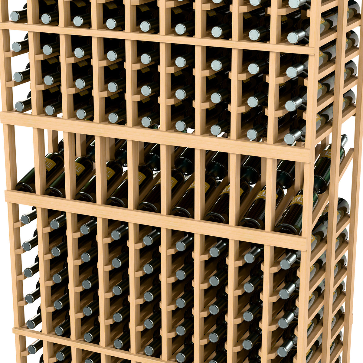 Light wood wine rack close-up showing bottle holes across grid shelves