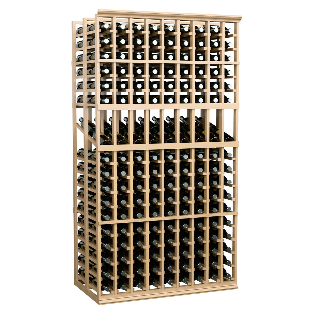 Wine display rack with 9 columns, double-deep, holds many bottles in a frame