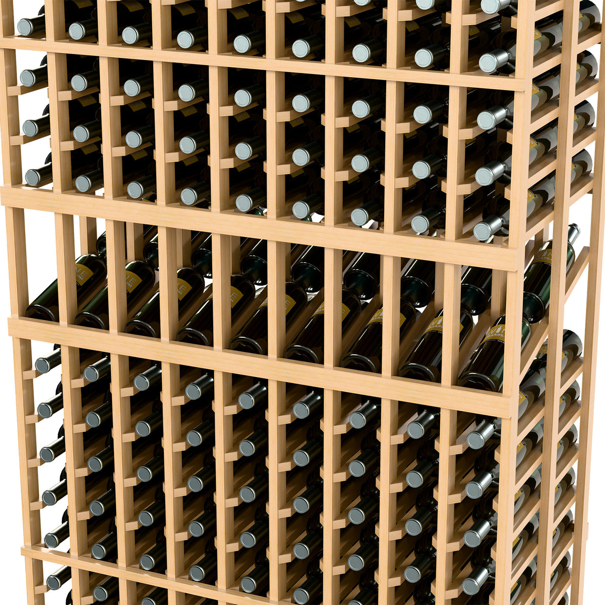 Close-up of wooden wine rack shelves holding bottles in vertical slots