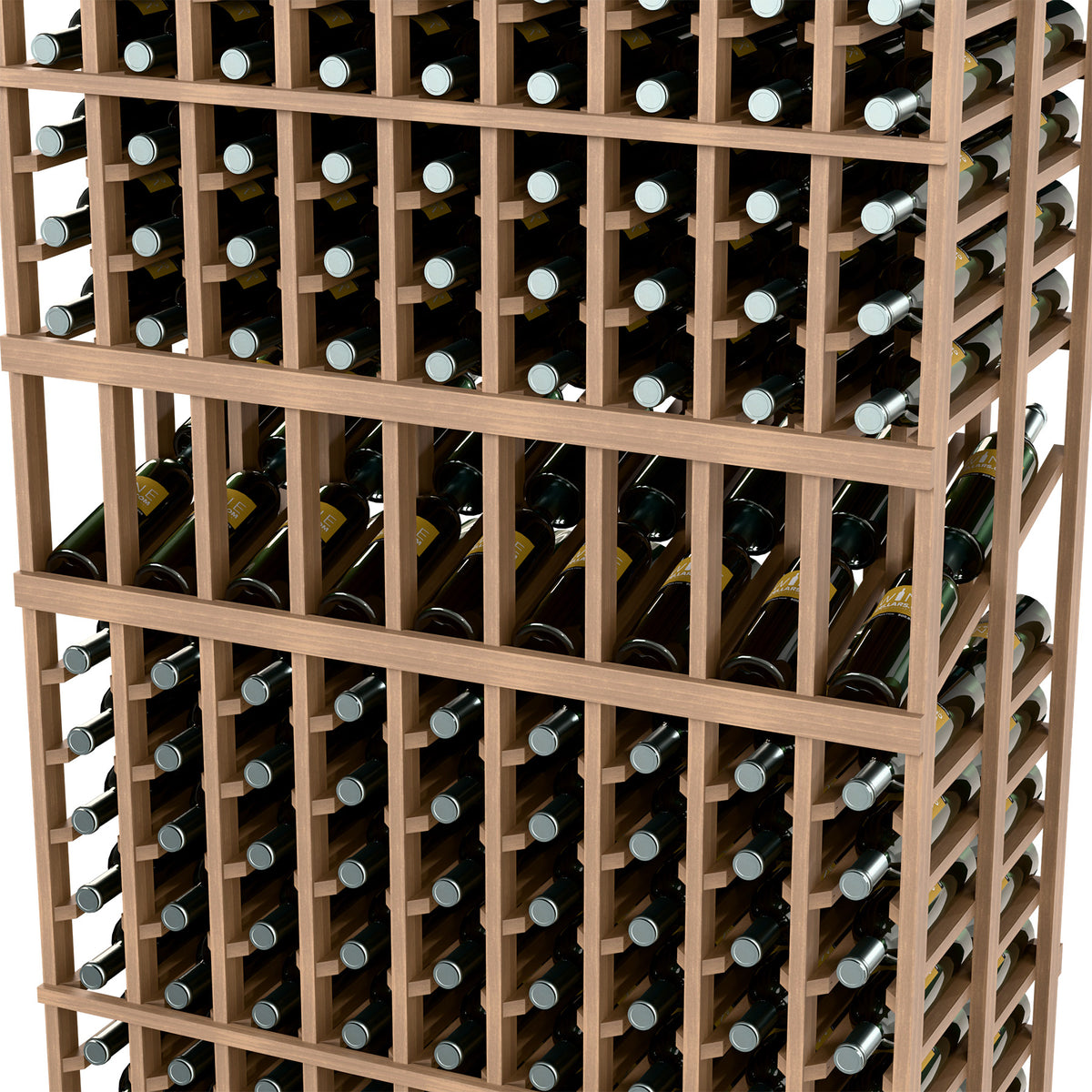 Wood wine rack front view with multiple rows of bottle slots
