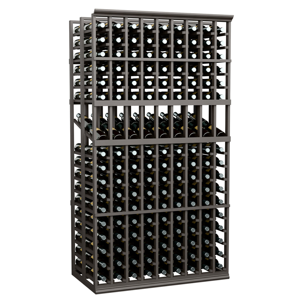 Dark-stained 9-column double-deep wine display rack with bottle slots