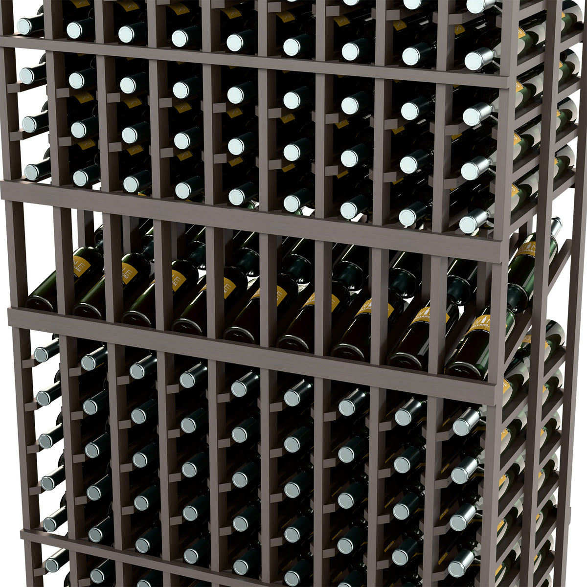 Close-up of dark wine rack shelves with bottles stored in rows