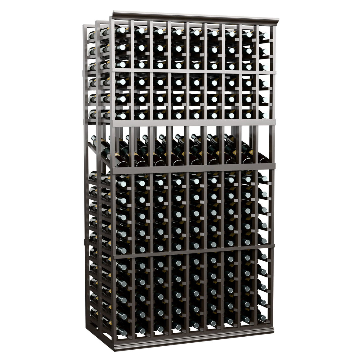 Freestanding dark wine display rack with 9 columns and double-deep storage