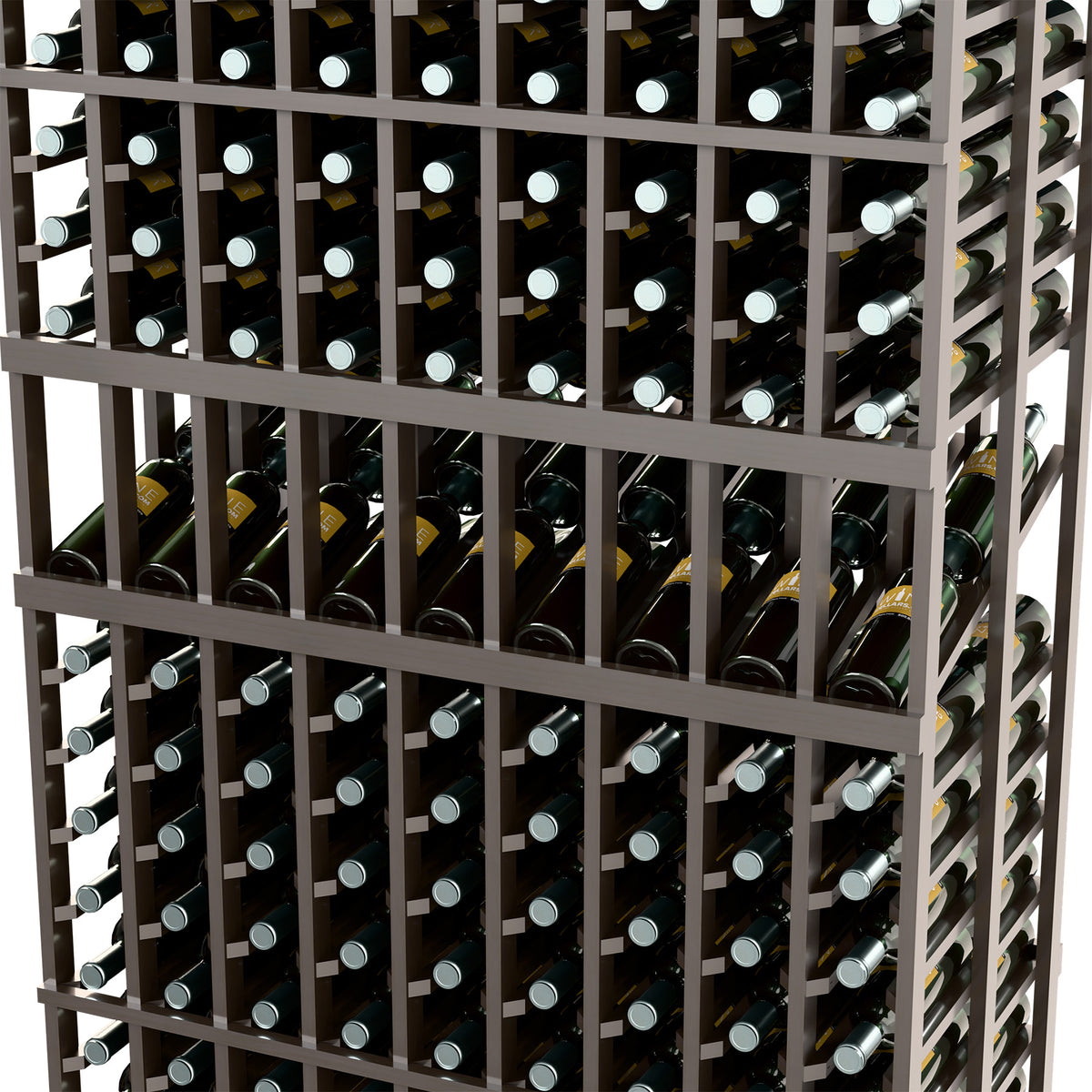 Dark wine rack close-up with multiple bottle rows and grid dividers