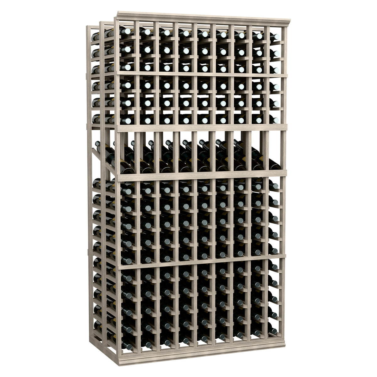 Double-deep wine display rack with light gray frame and upright bottle grid
