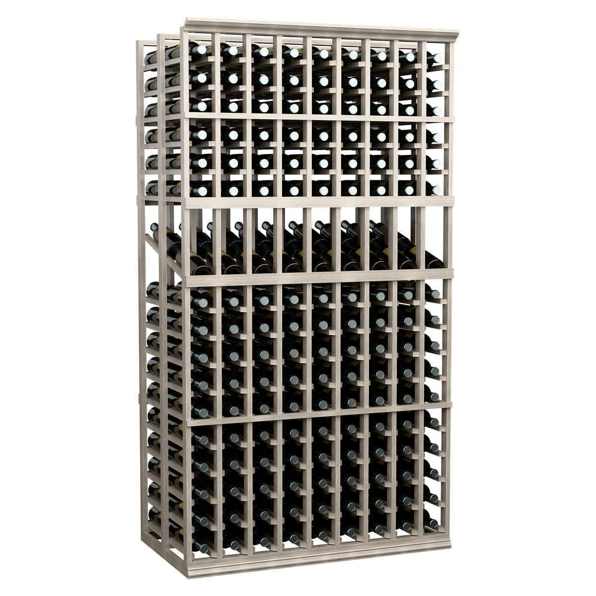 Double-deep wine display rack with light gray frame and two bottle rows per bay