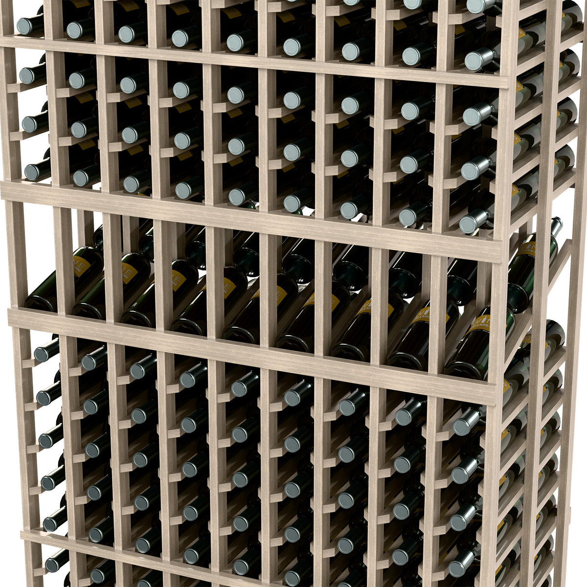 Wood wine rack with light wood frame and multiple upright wine bottles in grid