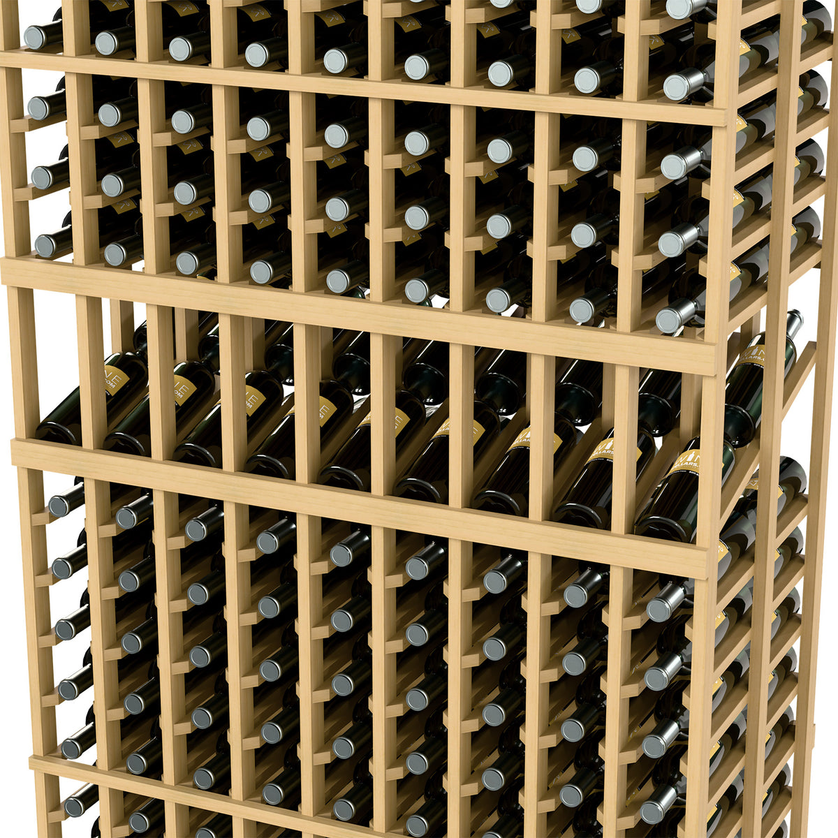 Close-up of wine display rack with light wood frame and upright bottle necks