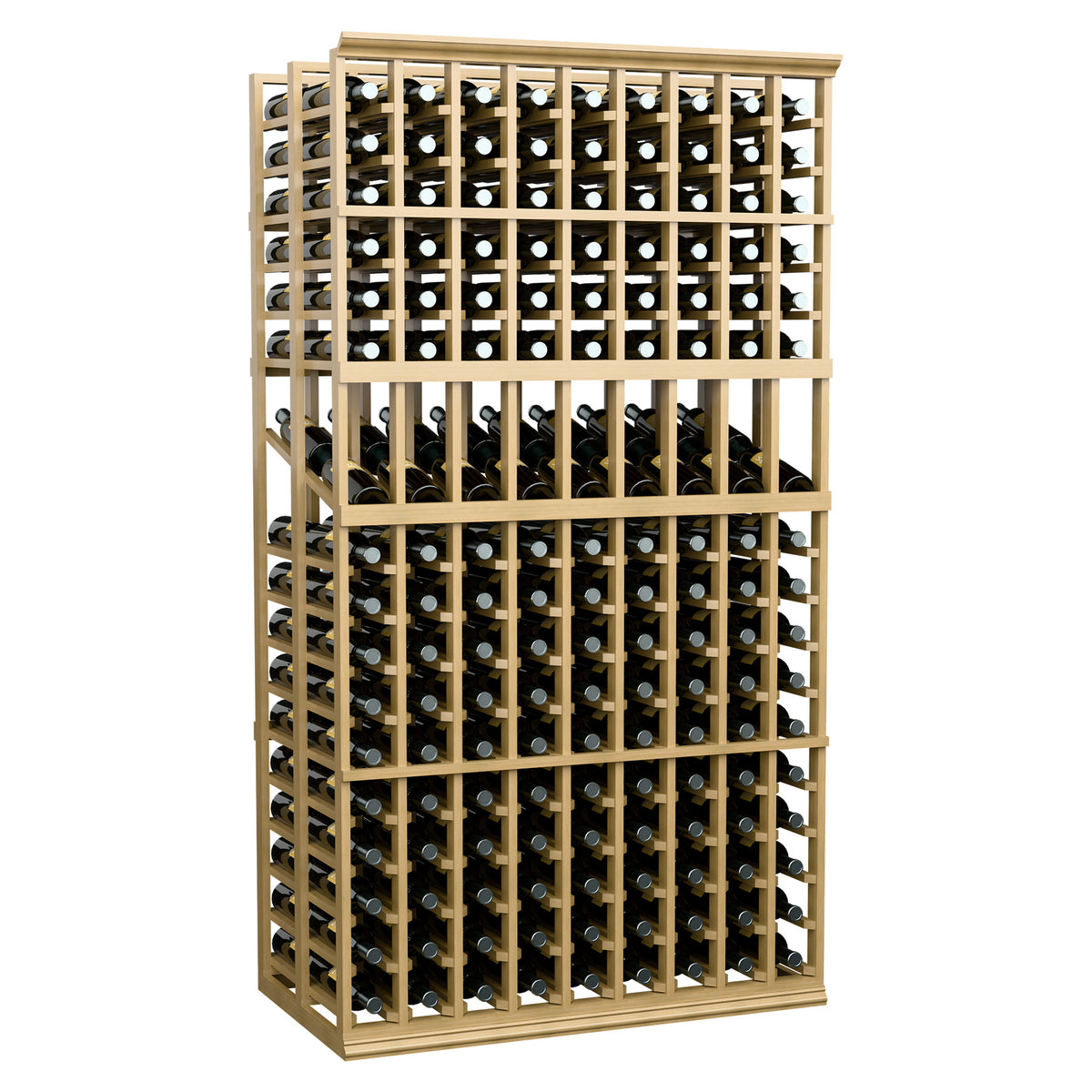 Double-deep wine display rack with light wood frame and organized bottle openings