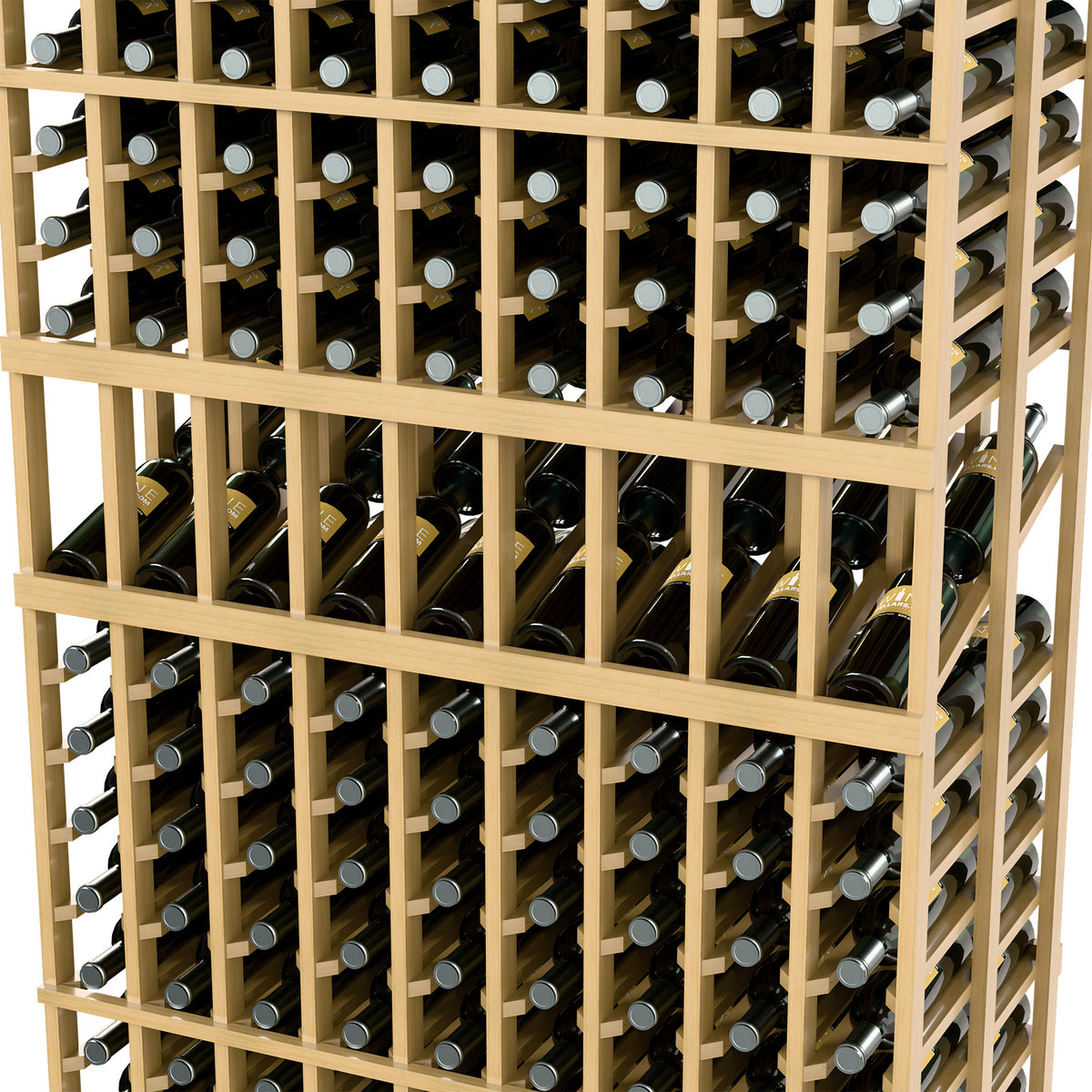 Close-up of light wood wine rack with upright bottles in side-by-side compartments