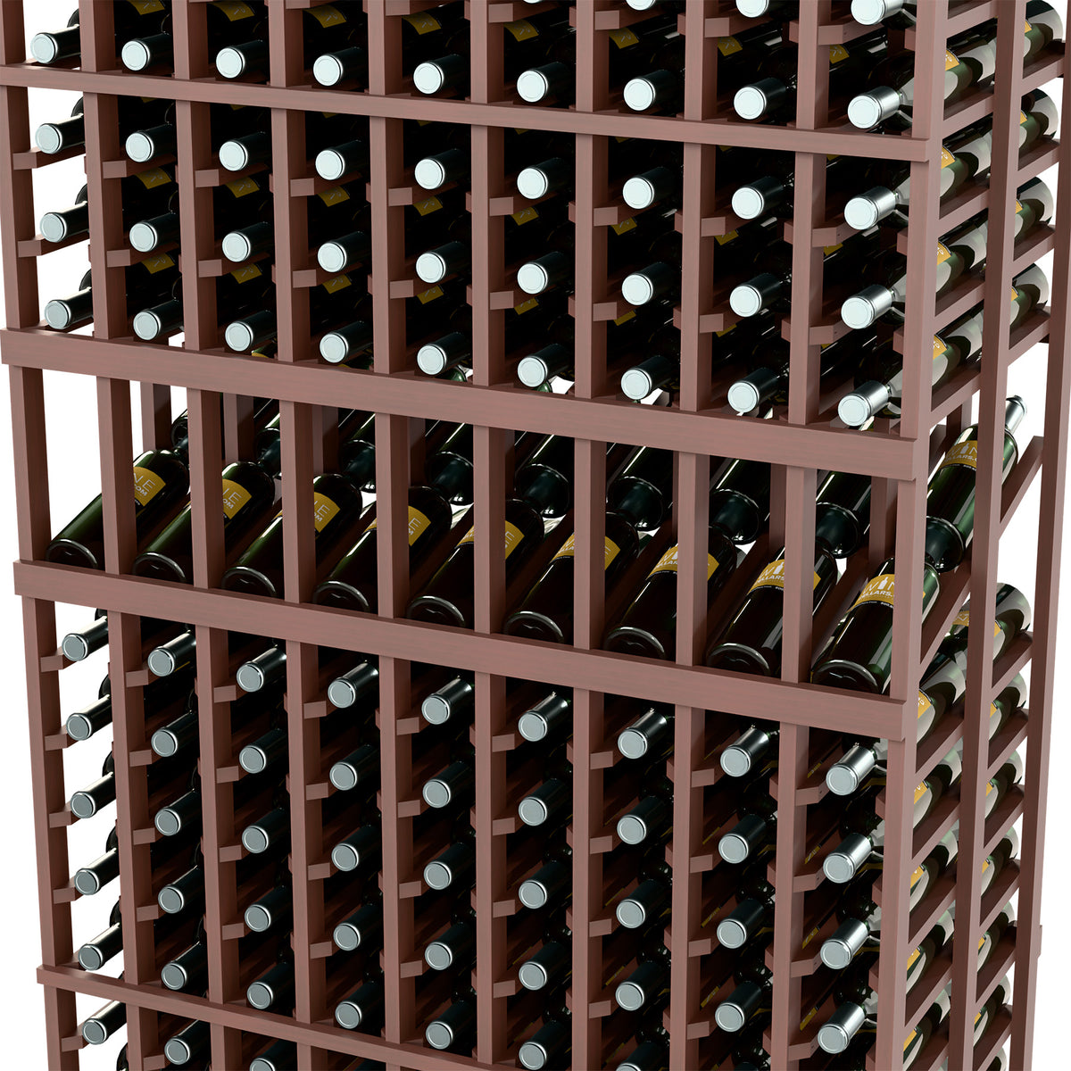 Close-up of dark brown wine rack with upright bottles in a compartment grid