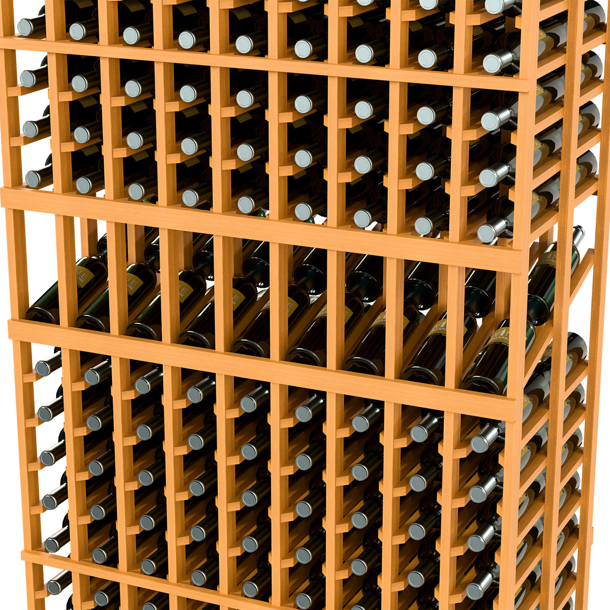 Light wood wine rack detail showing bottle slots and evenly spaced dividers