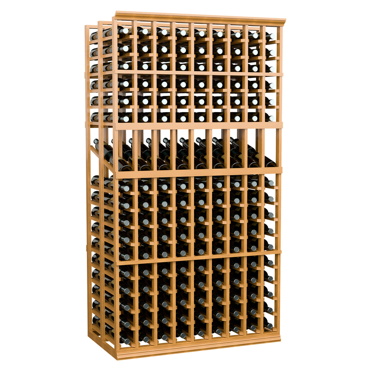 6-ft double deep wine display rack with light wood frame and organized bottle rows