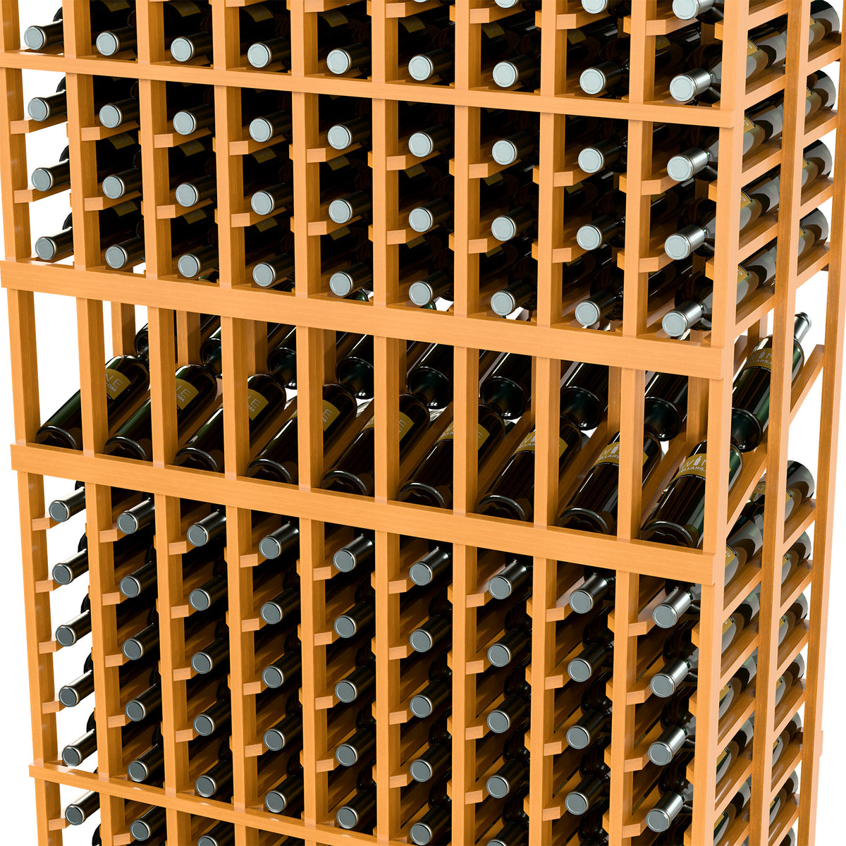 Light wood wine rack close-up with bottle grid dividers and metal-capped bottles