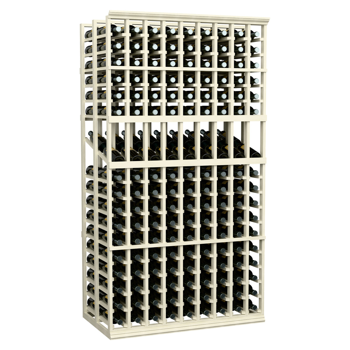 6-ft double deep wine display rack with whitewashed wood frame and bottle grid shelves