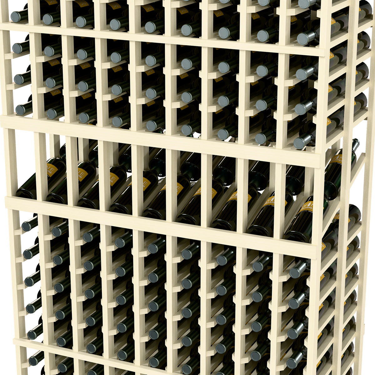 Whitewashed wine rack detail showing bottle slots and evenly spaced dividers