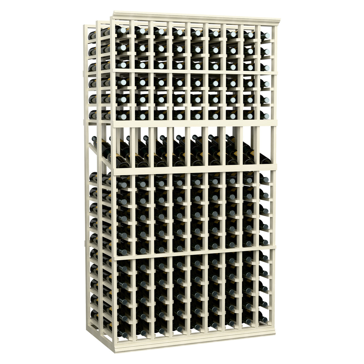 6-ft double deep wine display rack with whitewashed wood frame and stacked bottle rows