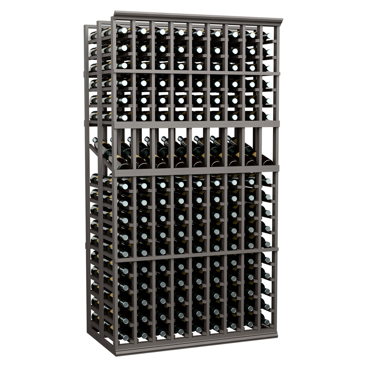 9-column double-deep wine bottle display rack, dark gray frame holding bottles