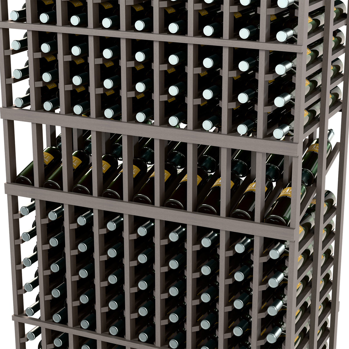 Close-up of 9-column double-deep wine bottle rack, dark gray dividers and bottles