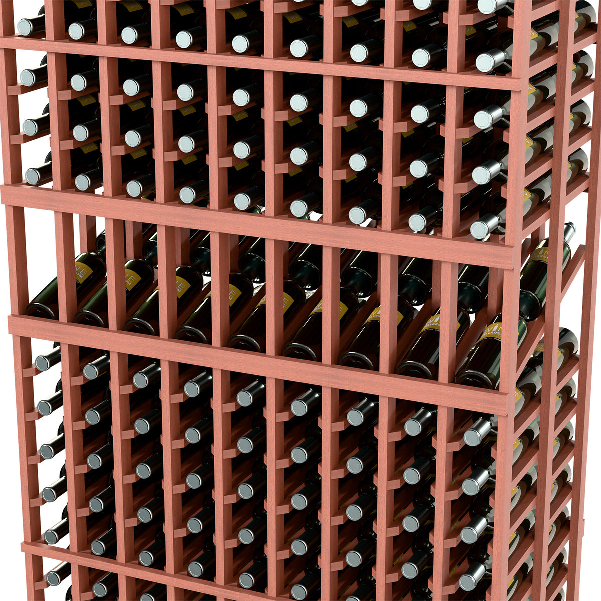 Close-up of 9-column double-deep wine bottle rack, terracotta dividers and bottles