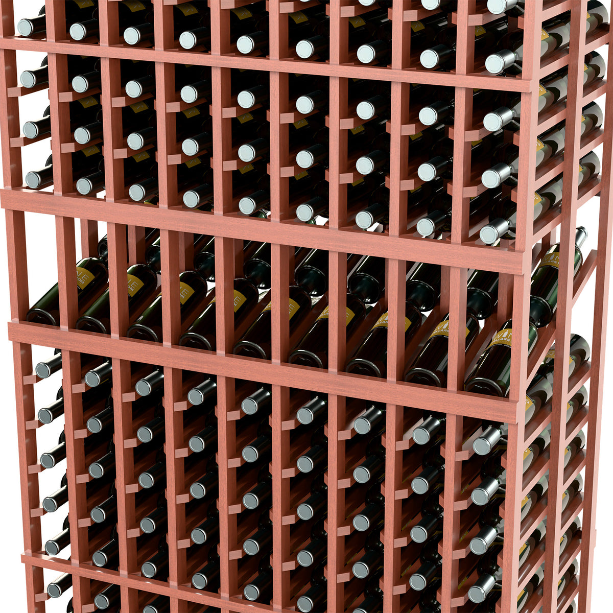 Close-up of 9-column double-deep wine bottle rack, terracotta frame and bottle necks
