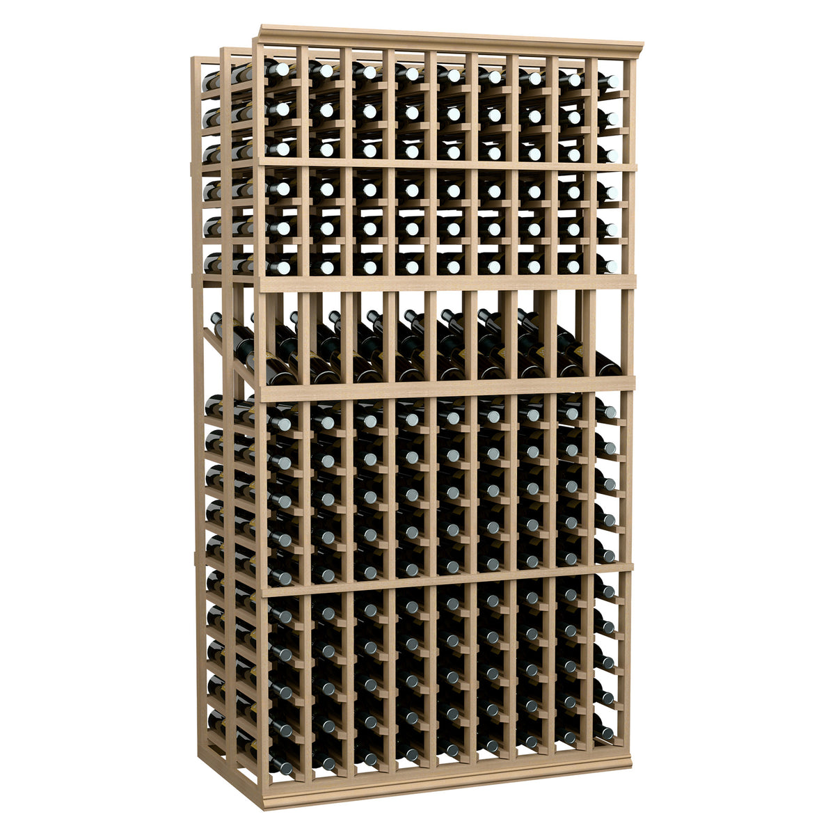 9-column double-deep wine bottle display rack, light wood frame holding bottles