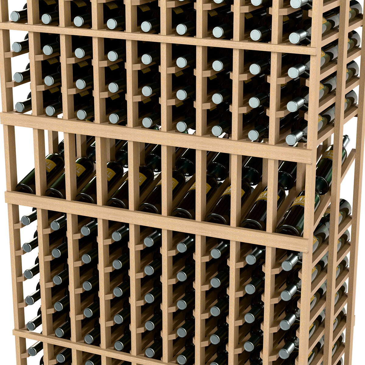 Close-up of 9-column double-deep wine bottle rack, light wood dividers and bottles